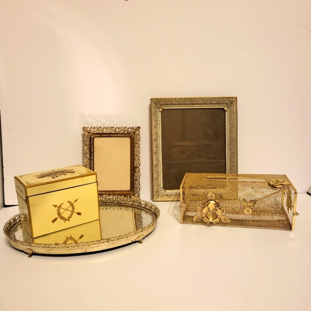 Vintage brass gold picture frames mirror tray recipe box antiques mid century